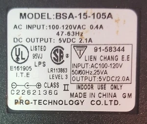 Universal AC Adapter Model BSA-15-105A Output 5V 2.0A - Picture 1 of 9