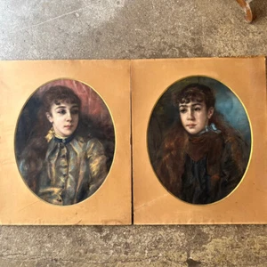 Ancien Paire de Portraits XIXe – Deux Sœurs Jumelles – Pastel sur Papier - Foto 1 di 15