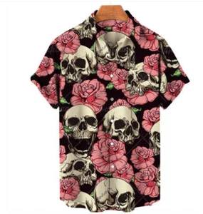 Summer Casual 3D Skull Men's Hawaiian Shirt Short Sleeve Loose Fit Polyester Fib - Picture 1 of 118