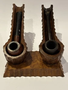 Vintage Hand Carved Burl Walnut Twin Pipe Stand - Picture 1 of 12