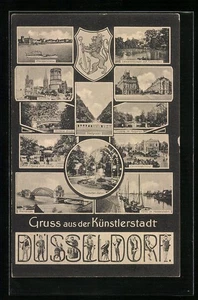 AK Düsseldorf, Rheinpanorama, Wappen, Schwanenspiegel mit Fischerhaus, Corneliu - Picture 1 of 2