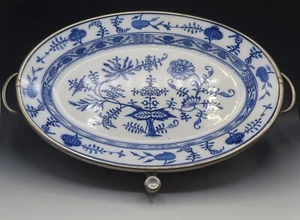 MEISSEN BLUE ONION 15" PLATTER MOUNTED SILVER WARMER CARL DEFFNER GERMANY 1900 - Picture 1 of 10