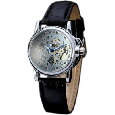 New Luxury Womens Silver Skeleton Mechanical Leather Women Automatic Wrist Watch - Image 1 of 4