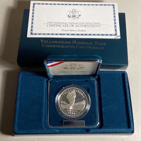 1999-P Yellowstone National Park 90% Silver $1 Dollar Proof Coin, OGP Box & COA Cover