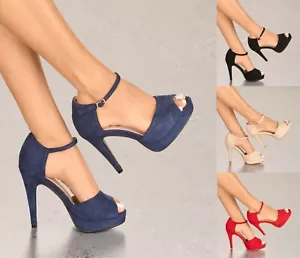 LADIES SUEDE PEEP TOE STILETTO SHOES EVENING HIGH HEELS ANKLE STRAP SANDALS 3-8 - Picture 1 of 17