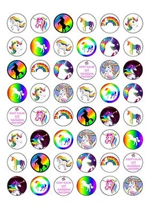 48 Runde Regenbogen & Einhorn Essbare Oblate Papier Cupcake Kuchen Topper - 2,5 cm - Bild 1 von 1