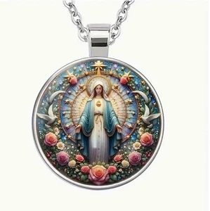 Retro Virgin Mary Pattern Print Pendant Necklace, Gift for Religious Believers - Picture 1 of 3