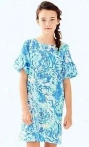 LILLY PULITZER Girl's Mini Lindell Dress Bennet Blue Shell Puff Sleeve, XL 12 14 - Picture 1 of 6