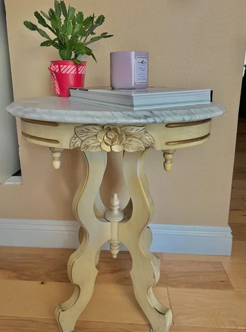1950's French Provincial Rose Carved Italian White Oval Marble Top Accent Table Cover