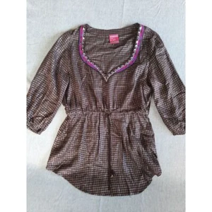 Free People Damenbluse klein braun/bunt kariert Kordelzug Langarm - Bild 1 von 8