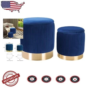 Compact Round Ottoman Set with Hidden Storage in Blue Velvet - Set of 2 - Picture 1 of 8
