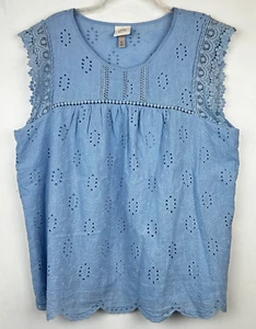 Knox Rose Top XL Cute Blue Cotton Eyelet Sleeveless Lace Trim Lined Shirt Blouse - Picture 1 of 9
