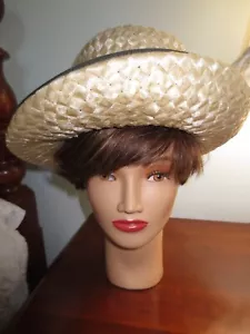 Vintage TOBY OF LONDON Beige & Black Ladies STRAW HAT w/Brim - 21-3/8" Around - Picture 1 of 6