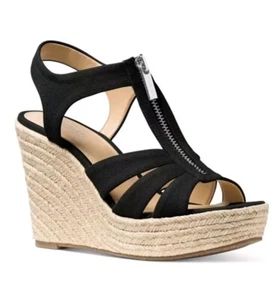 New Michael Kors Berkley Espadrille Black Wedge Sandal Platform Tappered Strap - Picture 1 of 17
