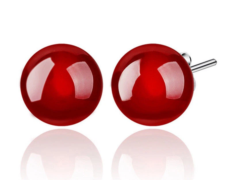 10mm Genuine Red Agate Onyx Beads Silver Stud Earrings Fashion Women Girl Foto 1 de 3