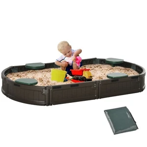 Kids Oval Outdoor Sandbox with Cover, Easy Assembly, Brown, 72"x41.25"x8.75" - Picture 1 of 9
