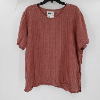 FLAX Top Women Large Linen Plaid Short Sleeve round Neck Blouse casual pullover - Image 1 of 4