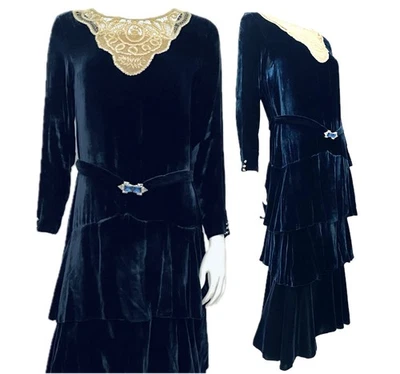Antiguo Vestido Años 20 Terciopelo Azul Real Botones Checos Deco Zafiro Hebilla Encaje Foto 1 de 4