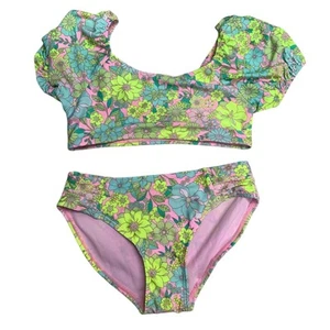 New Cat & Jack Girls XS (4/5) UPF 50+ Neon Yellow Floral Bikini 2PC Swimsuit - Picture 1 of 3