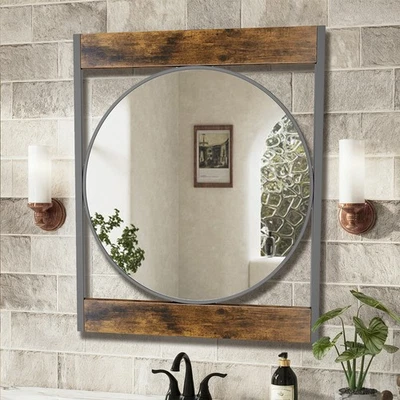 Rustic Farmhouse Black Metal & Solid Wood Frame Accent Mirror Decorative Mirrors - Image 1 of 4