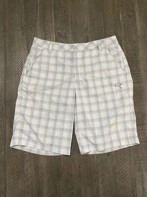 Puma Golf Shorts Men's W34 Drycell Plaid 100% Cotton Pocket White Blue Brown - Image 1 of 4
