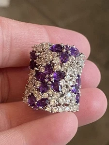 Dallas Prinz Sterling afrikanischer Amethyst & weißer Zirkon Blumen Sattelring - Bild 1 von 11