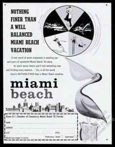 Pelícano 1957 con bola de playa arte Miami Beach Florida anuncio impreso vintage - Imagen 1 de 1