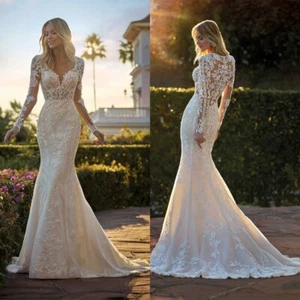 V Neck Wedding Bridal Dresses Applique Long Sleeves Mermaid Sweep Train Lace New - Picture 1 of 20