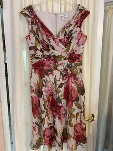 Coldwater Creek Sleeveless Floral Silk Pink Knee Length Lined V-neck Dress Sz 12 - Picture 1 of 2
