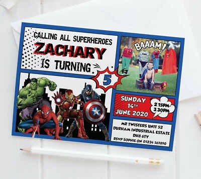 10 Personalised Marvel Birthday Party Invitations Superhero Characters Invites - Image 1 of 2