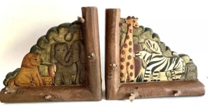 Vintage Carved  BOOKENDS lion elephant giraffe zebra Children’s Library - Picture 1 of 8