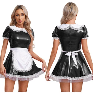 US Womens Servant Dress Masquerade French Maid Costume Wet Look Uniform Outfit - Picture 1 of 33