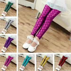 Kids Child Leggings Pants Mermaid Shiny Fish Scales Trousers Costume Show - Picture 1 of 19