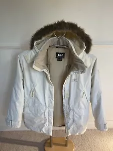 Vintage Womens Ladies Helly Hansen Parka Jacket Coat UK Size M White HH Fur Hood - Picture 1 of 13