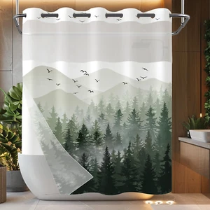 No Hook Shower Curtain with Snap in Liner Sage Green Misty Forest Hookless Showe - Picture 1 of 7
