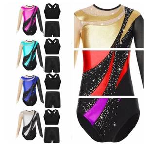 Kids Girls Bodysuit Ballet Outfit Active Dancewear Class Dance Stretchy Shiny - Picture 1 of 80