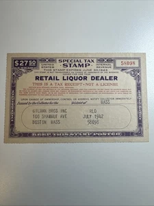 Special Tax Stamp - Retail Liquor Dealer - FYE 1943 - US Revenue - Picture 1 of 2