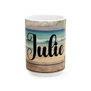 Custom Beach Name Mug, Tropical Ocean Coffee Cup, Personalized Gift 2 Sizes  - Picture 1 of 10