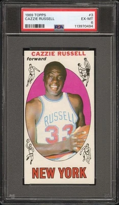 1969 TOPPS BASKETBALL #3 CAZZIE RUSSELL, PSA 6 EX-MT (N.Y. KNICKS) ROOKIE CARD - Image 1 of 2