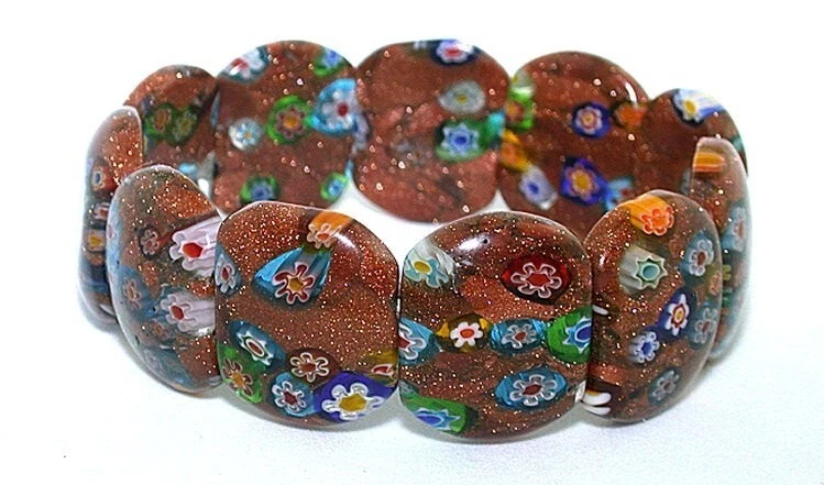PULSEIRA ELÁSTICA GOLDSTONE MULTICOLOR FLORAL FLOR MILLEFIORI VIDRO 7" MB10 - Imagem 1 de 1