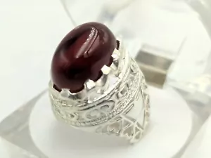 Natural Engraved Yemeni Aqeeq Ring Vivid Red Stone 925 Sterling Silver - Picture 1 of 5