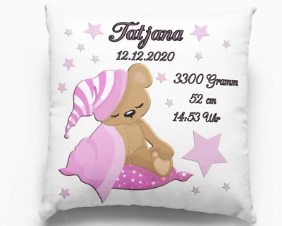 FADENSALAT Personalisierte Babygeschenke zur Geburt Kissen mit Namen Teddybär Mädchen Taufe