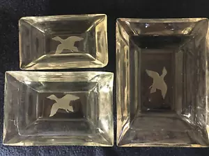 Mallard Duck Etched Glass Ashtray MCM Retro Flying Hunting Heavy Set 3 Vtg 1950s - Picture 1 of 24
