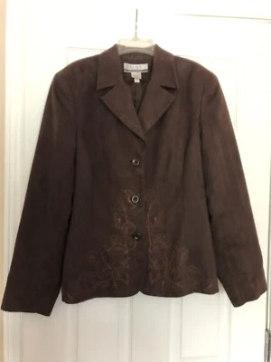 Faux Suede Lined Blazer Jacket Size 12 Brown with Embroidered Accent - Image 1 of 4