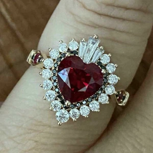 3Ct Heart Red Garnet Simulated Diamond Halo Engagement Ring 14K Rose Gold Plated - Picture 1 of 6