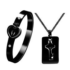 Titanium Steel Lock Bangle Bracelet with Key Pendant Necklace for Couples