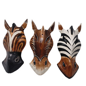 Safari Wall Mounting Zebra Horse Animal Face Wood Masks Hanging Hand Carved