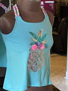Designer Tommy Bahama Pineapple Blue Girls Size LG 10/12 Top Braided Straps - Picture 1 of 8