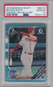 2019 1ST BOWMAN DRAFT CHROME BRYSON STOTT ROOKIE SKY BLUE REFRACTOR PSA 10 GEM - Picture 1 of 2