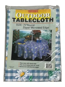Outdoor Tablecloth 70" Round Zipper Merrowed Edge Daisy Flowers Gingham Blue NOS - Picture 1 of 2